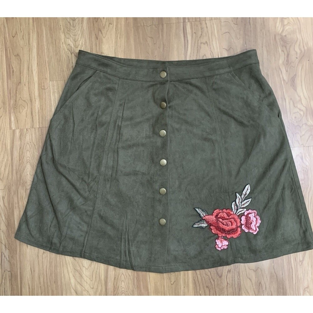 Olive Green Mini Skirt Womens L Snaps Embroidery Pockets READ